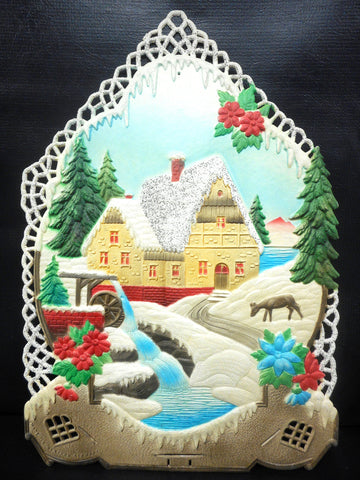 Vintage West German Christmas Display Cardboard Store Advertising, Watermill, Winter, Deer and Flowers, 12.5 X 18"