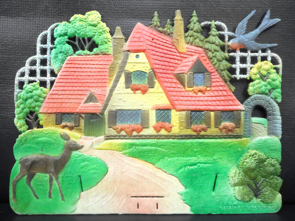 Vintage West German Nature Display Cardboard Store Advertising, House, Deer, Grass, Blue Bird, 12.5 X 9.5"