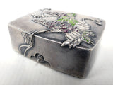 Antique 1900's Chinese Silver Snuff Box, Embossed Trinket Pill Box with Flower, Medicinal Plant, Purple Green Enamel, Signed by Silversmith