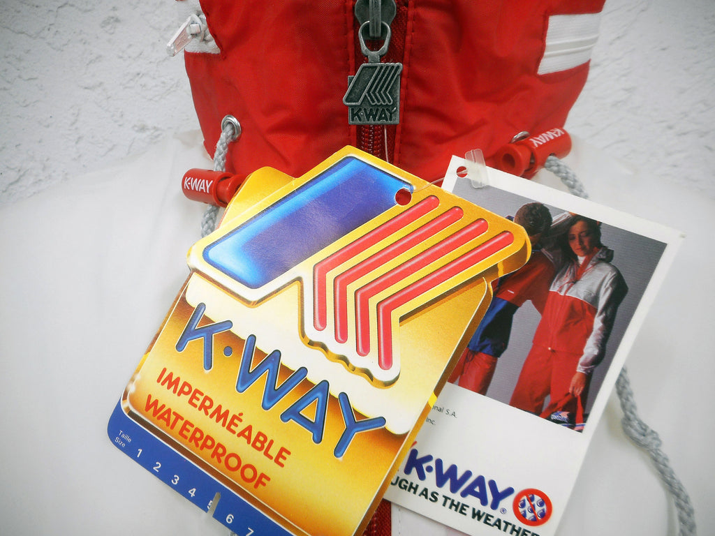 Vintage 1980s K-Way Kway Jacket Windbreaker, Zip Up Waterproof Raincoat, Size 5, Model 126, Red White Grey, NOS New Old Stock