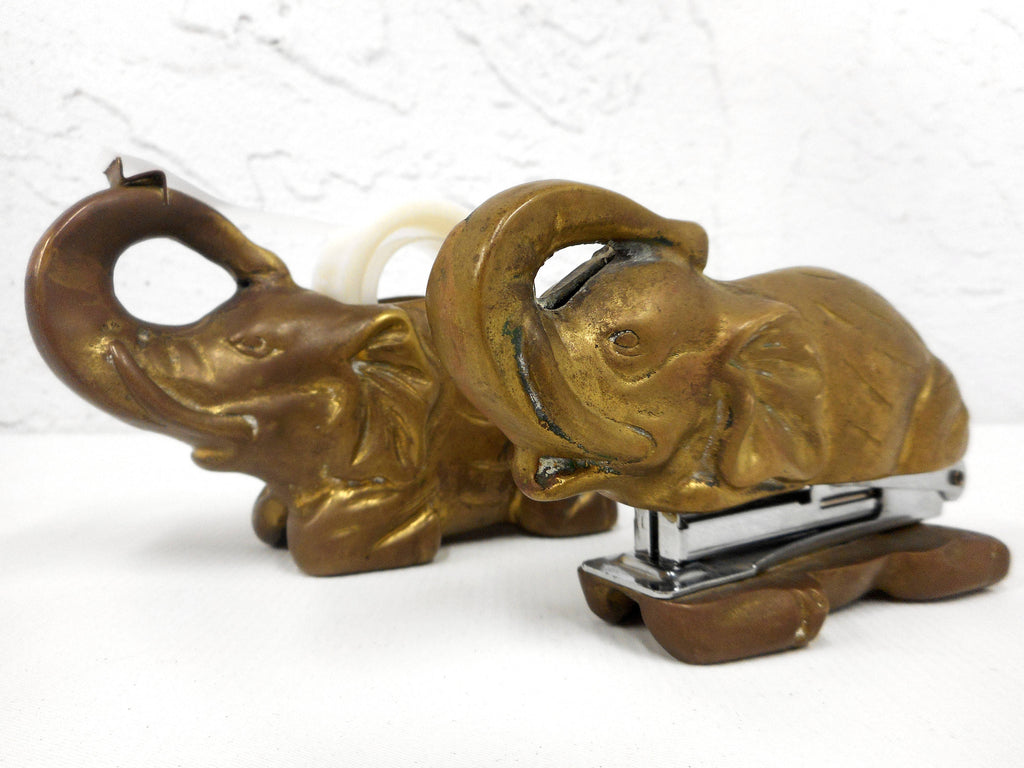 Vintage 1980's Brass Dumbo Elephant Stapler and Tape Dispenser signed MSR Imports, Executive Office Supply Tools, Animal Figurine