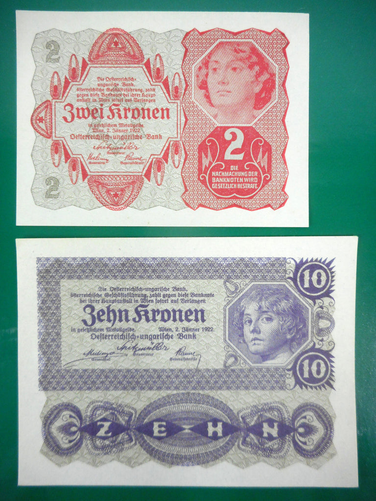 1922 Austria Banknote 2 and 10 Kronen UNC Uncirculated 1033 016027, Red and Purple