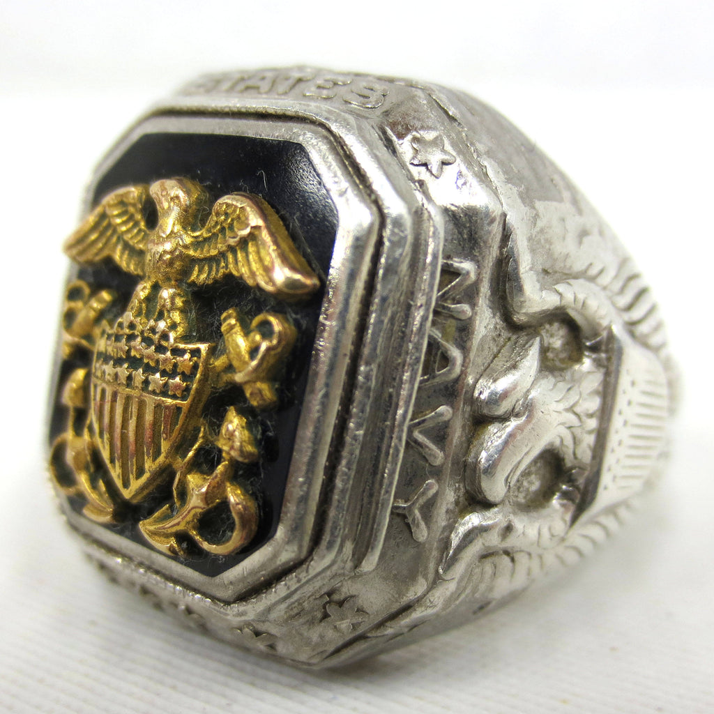 Large United States Navy Signet Ring Size 10.5, Sterling Silver 16.8 Grams, Embossed Gold American Eagle, USA Army Military