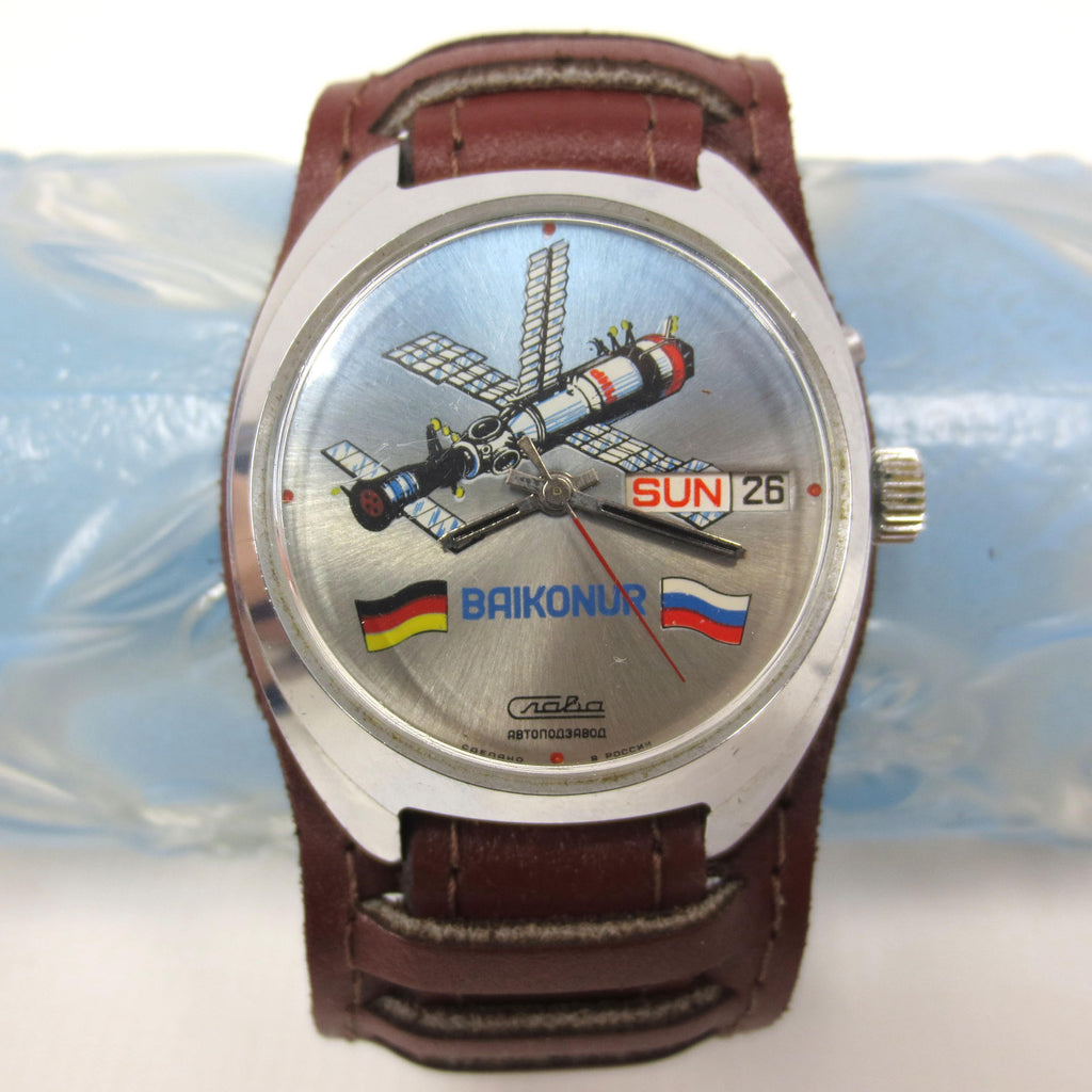 Vintage Slava Automatic Men's Watch from Russia, Day & Date, Russian Pilot Leather Band, Sputnik Baikonur Commemoration, Space Astronauts
