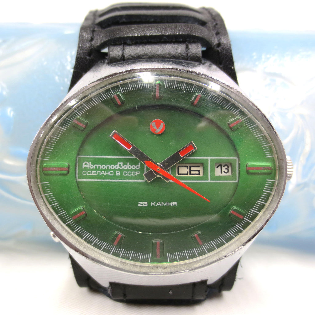 Large Vintage Chaika Automatic 23 Jewels Silver Tone Russian Men's Watch, Day Date, Pilot Leather Band, Wide 43 mm Stadium Case, Green Dial