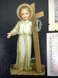 Lot of 5 Antique 1920's French Standalone Holly Cards Crafts, Handmade, Sacred Heart, Jesus Child Holding Cross and Crown of Thorns