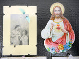 Lot of 5 Antique 1920's French Standalone Holly Cards Crafts, Handmade, Sacred Heart, Jesus Child Holding Cross and Crown of Thorns