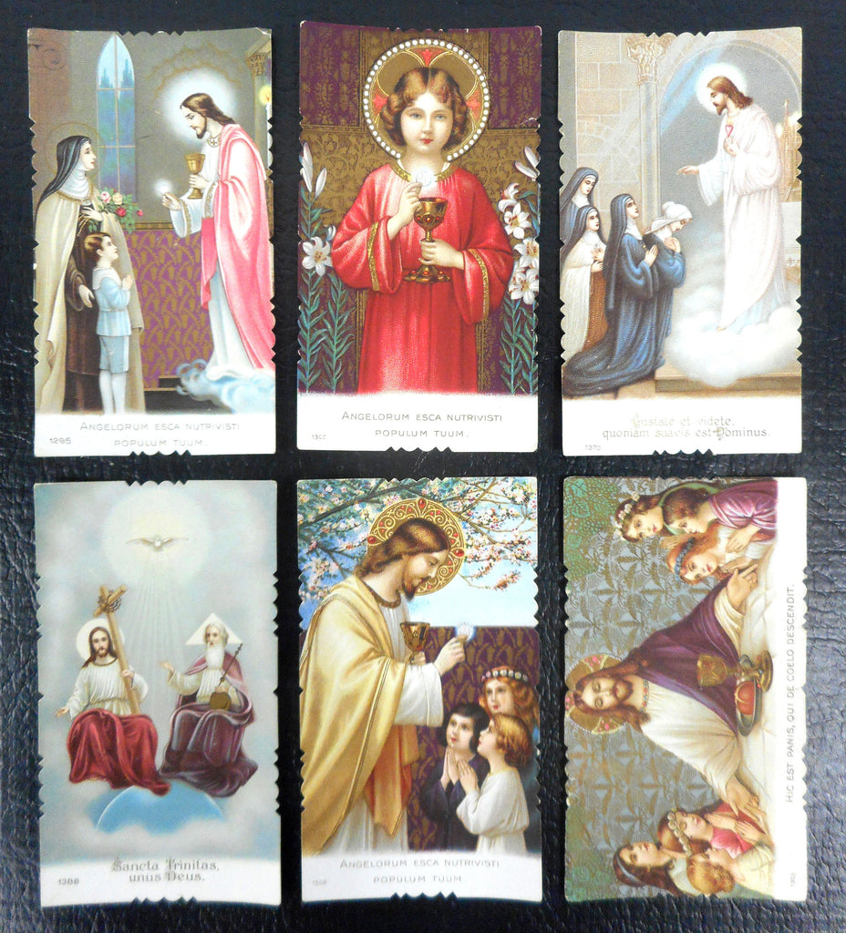 Lot of 6 Antique 1920's Religious Mini Cards Lithographs from Italy, Catholic Holly Scenes, Color & Gold Details, in Latin