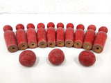 Antique Circus Fair Wooden Bowling Balls and Pins Toy Game Set, Red with Blue Stripes, 4 1/2" Tall Pins, Original Paint