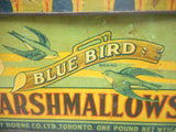 Vintage Antique 1920 Blue Bird Marshmallows Triangular Triangle Tin Box 7 1/4", Harry Horne Company Advertisement, Forest Campfire Scene