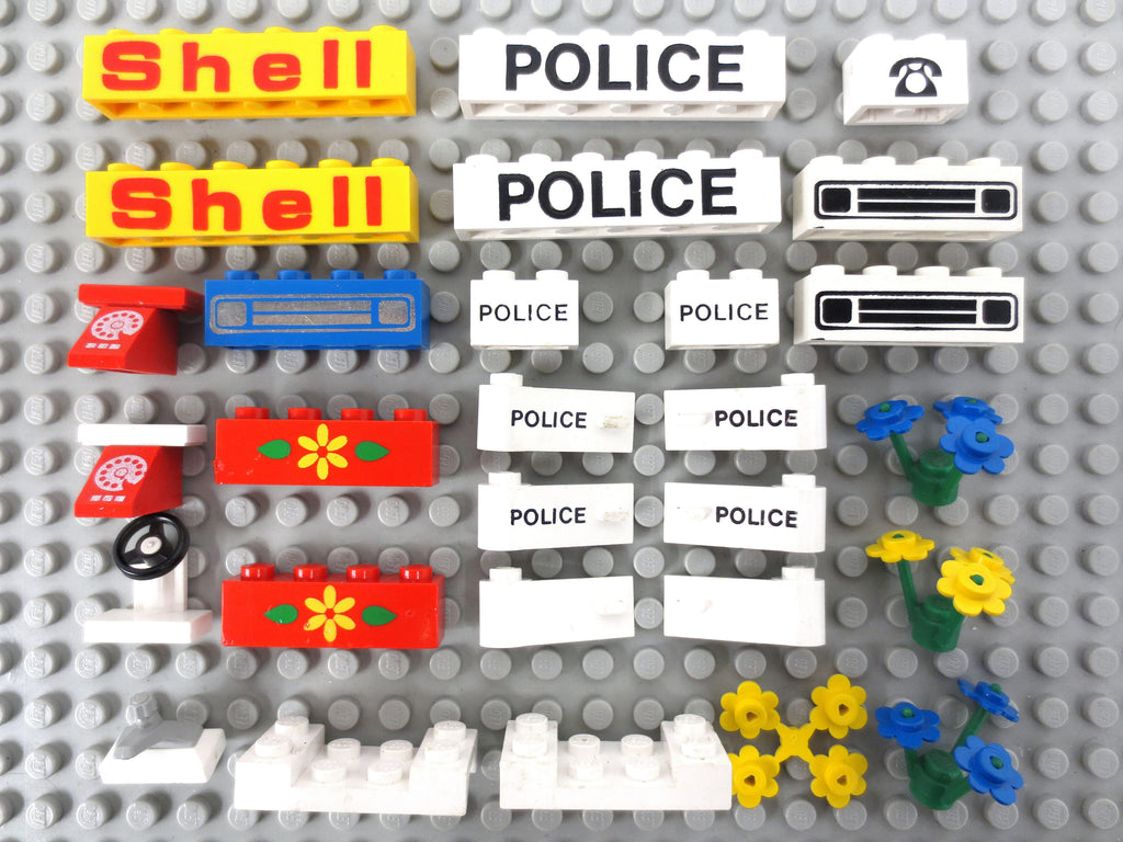 Vintage 1970's Lego City Legoland Rare Bricks with Text Print Parts Lot, Shell Gas Station, Police, Truck Grill, Red Telephone, Tap, Flowers