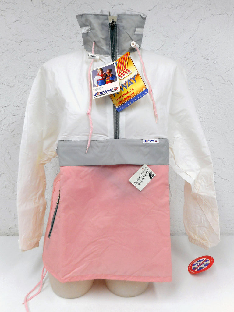 Vintage 1980’s K-Way Kway Jacket Windbreaker, Zip Up Waterproof Raincoat, Size 4, Model 126, Pink White Grey, New Old Stock NOS