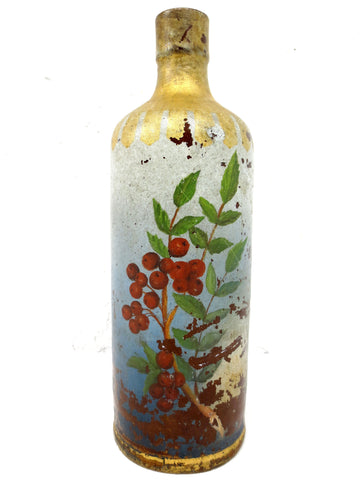 Antique Stoneware Pourer Bottle 10" Tall Signed Japanese Ink Antoine & Sons, Cherry Branch Painting, General Store Display, Montreal, Quebec