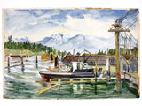 1970's Gordon Kit Thorne Watercolor Painting 14 X 22", Boat at Pier with Lions' Peaks Mountains in Vancouver, British Columbia, Canada