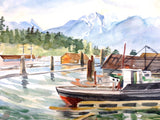 1970's Gordon Kit Thorne Watercolor Painting 14 X 22", Boat at Pier with Lions' Peaks Mountains in Vancouver, British Columbia, Canada