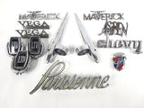 Lot of 13 Vintage Muscle Car Chrome Badges, Hood Emblems, Ford Maverick, Plymouth Aspen, Chevrolet Chevy Vega, Ghia, Pontiac Parisienne