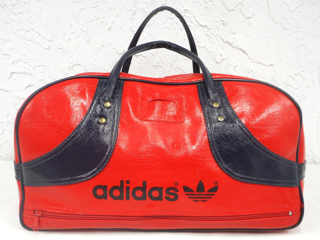 Vintage Red Adidas 1970s Original Duffel Sports Gym Bag 18", Tennis Sports Hand Bag made in Japan, Red and Blue Leatherette