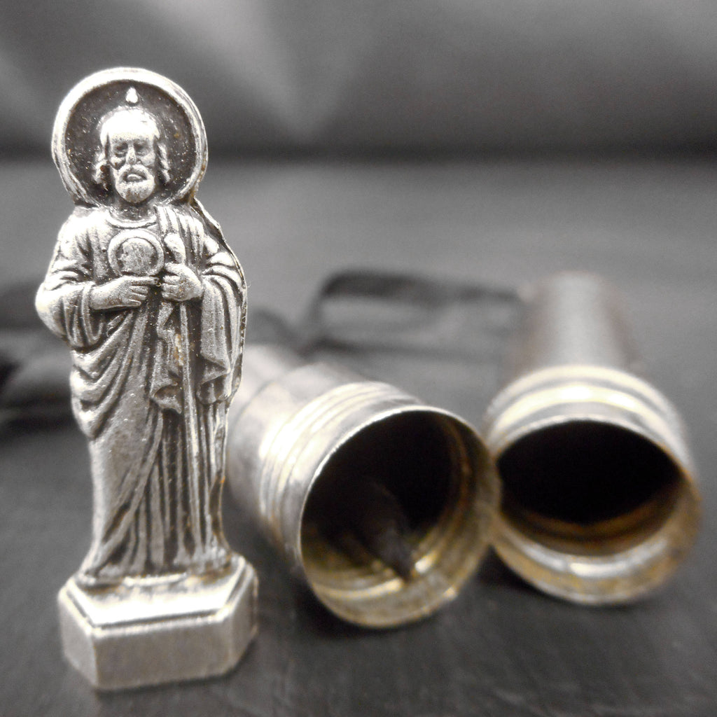 Antique Necklace and Pocket Travel Shrine with Hidden Saint Jude Religious Figurine Inside, Metal Tube, Silver Plated, Made in Italy