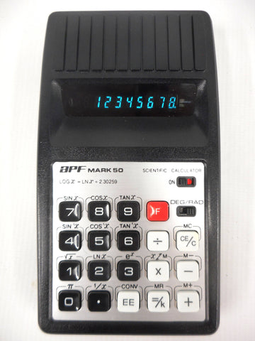 Vintage 1975 APF Mark 50 Scientific Calculator from Japan, Black Leather Pouch, Retro Led Display