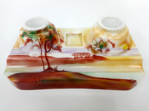 Antique 1920's Porcelain Inkwell Inkstand Dual Pen Rest, Hand Painted Multicolored Japanese Landscape, Signed Prov Saxe ES Germany, Prussia