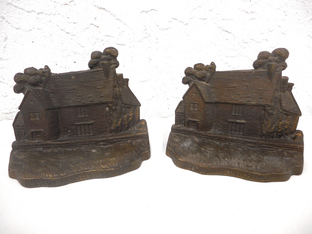 Antique Cast Iron Bookends 5 1/4" Marked Ye Ancestral Home, Matching Pair, Country Home, Farm House