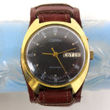 Vintage Slava Automatic Men's Watch from Russia, Day & Date, Russian Pilot Leather Band, Gold Tone, Black Dian, Roman Numerals