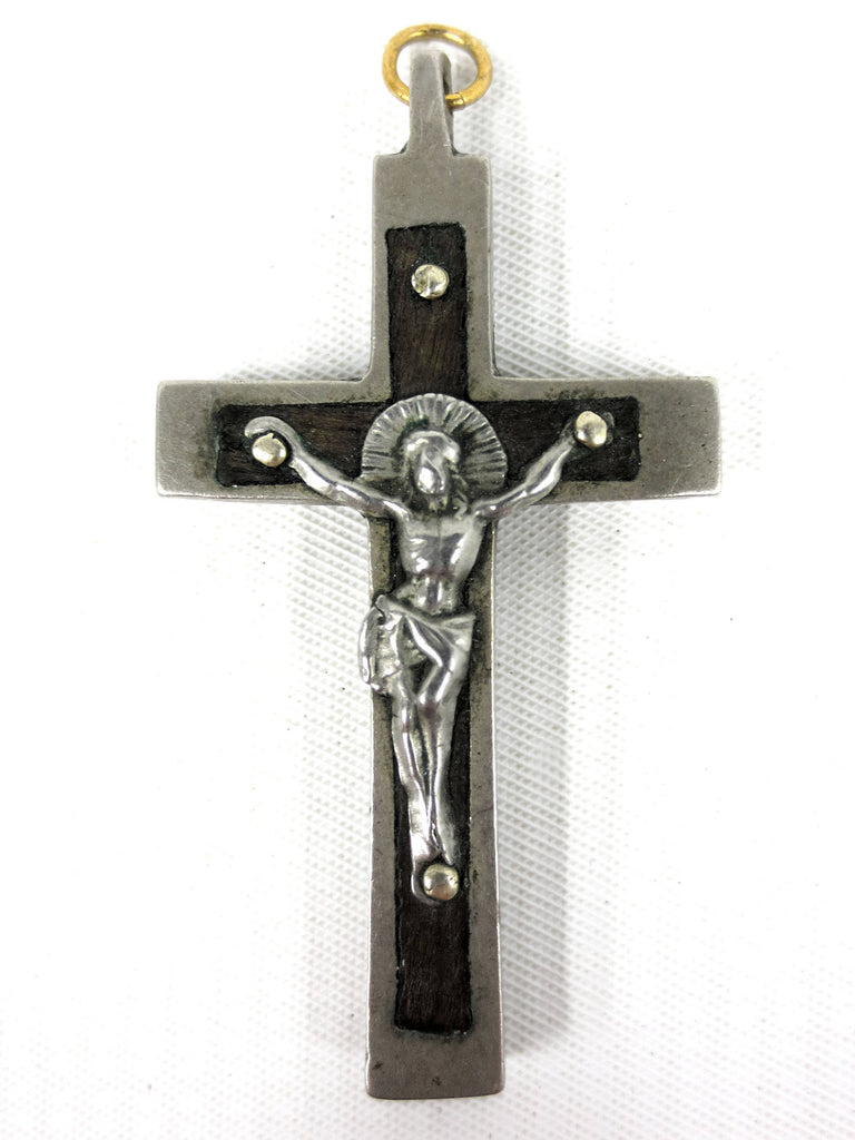 Antique Priest Crucifix Pendant with a Wooden Inlay 2X1", Hand Made and Forged, Authentic Clergy Cross