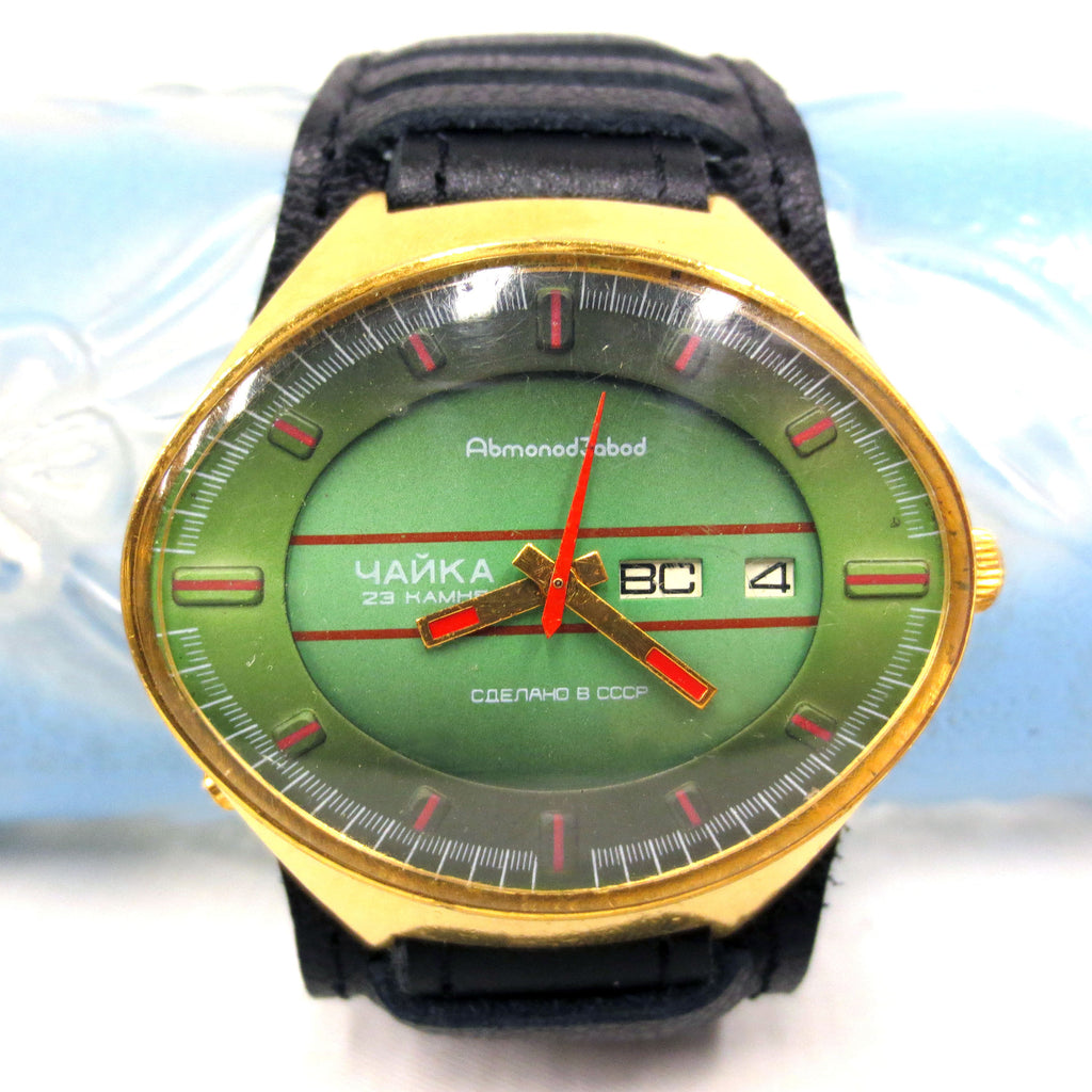 Large Vintage Chaika Automatic 23 Jewels Gold Plated Russian Men's Watch, Day Date, Pilot Leather Band, Wide 43 mm Stadium Case, Green Dial
