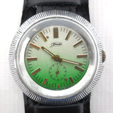 Vintage ZIM Pobeda 17 Jewels Large Round 43 mm Russian Men's Watch, Pilot Leather Band, Flying Saucer Case, Green Gradient Dial, USSR