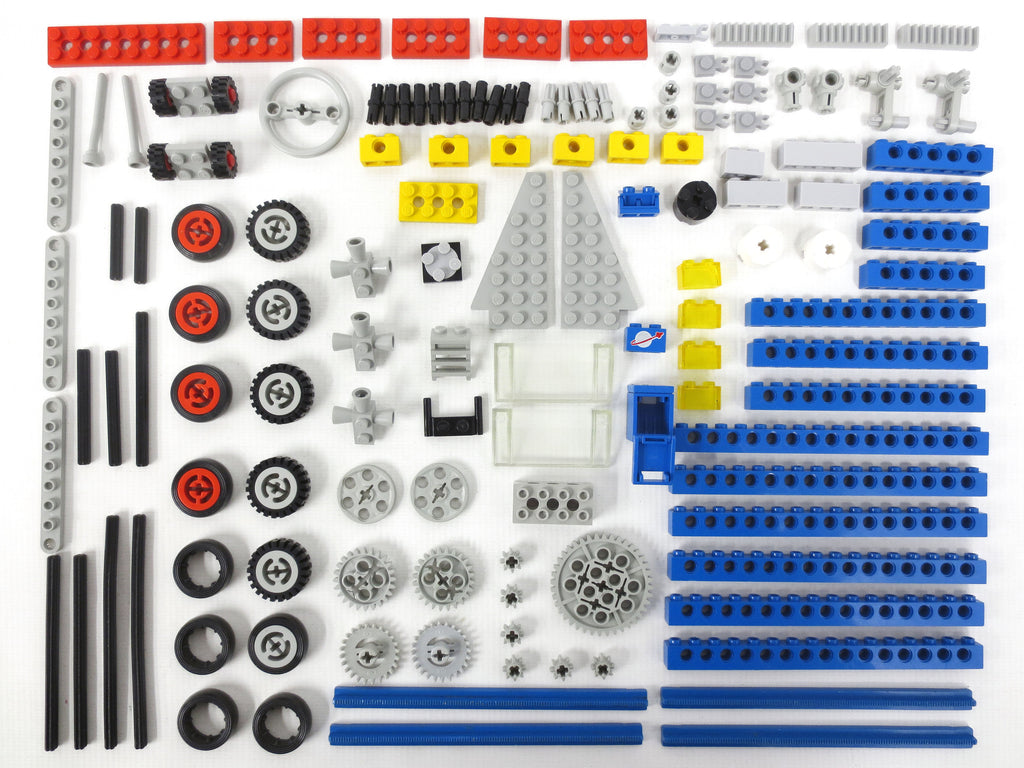 Vintage 1980 Lego Legoland Space and Technic 130+ Parts Lot, Gears, Steering Wheels, Connectors, Blue Bricks, Safe Box, Red Yellow Blue Gray