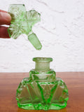 Vintage Art Deco Uranium Vaseline Green Glass Perfume Bottle 4 1/2", Clover Flower Shape, Glow in The Dark