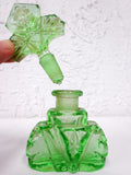 Vintage Art Deco Uranium Vaseline Green Glass Perfume Bottle 4 1/2", Clover Flower Shape, Glow in The Dark