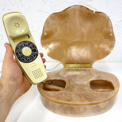 Vintage Clam Shell Oyster Rotary Phone Hand Set 12X10" Translucent, Lucite, Signed and Functional, Kitsch Retro Living Room Phone