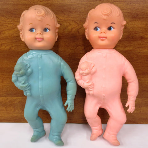 Vintage 1950's Bedtime Squeaky Babies Pair 10" Signed Reliable Canada, Blue and Pink Soft Plastic, Matching Girl Boy Pair