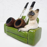 Vintage 1950's Mid Century Double Tobacco Pipe Holder, Siamese Cat on Green Sofa, Smoking Therapy Cat