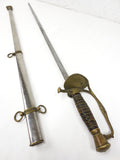 Antique 1890's French General Staff Officer Straight Court Sword with Scabbard 35", Brass Hilt, Arrows & Wings Emblem, Leather Handle, Wires