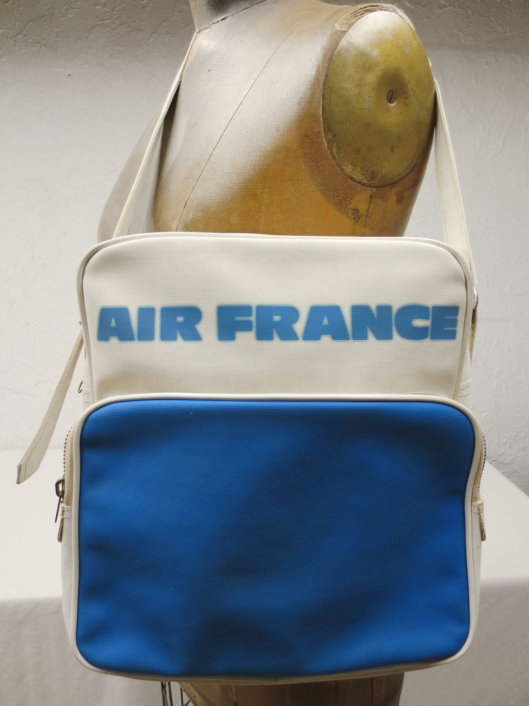 Vintage 1970's Air France Airline Airplane Vinyl Carry On Travel Bag Luggage 12X12", White & Blue, Adjustable Shoulder Strap