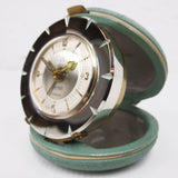 Vintage Portable Travel Alarm Clock Signed Peter Germany, 2 Rubis, 3 Stars, Chrome Face, Turquoise Leather Case, Atomic Starburst Clock