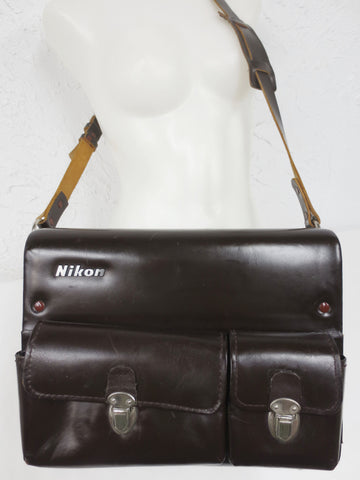 Rare Vintage 1970's Genuine Leather Nikon Camera Homa Hard Shell Shoulder Bag, 3 Camera Lens Holder Interior Plate, Pockets