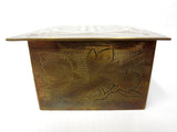 Antique Chinese Brass Stamps Coins Trinket Box 3 X 2" Small, Forest Landscape with Animal and Flowers, Handmade Hammered Punched