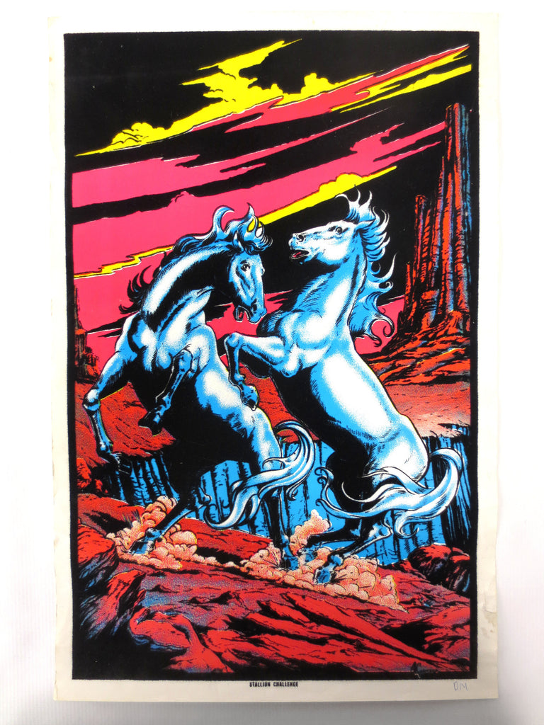 Vintage 1970's Felt Velvet Flocked Poster 17 X 11"  Glows Under Black Light, Psychedelic Blue Horses Fighting, Pink Desert Canyon, Signed