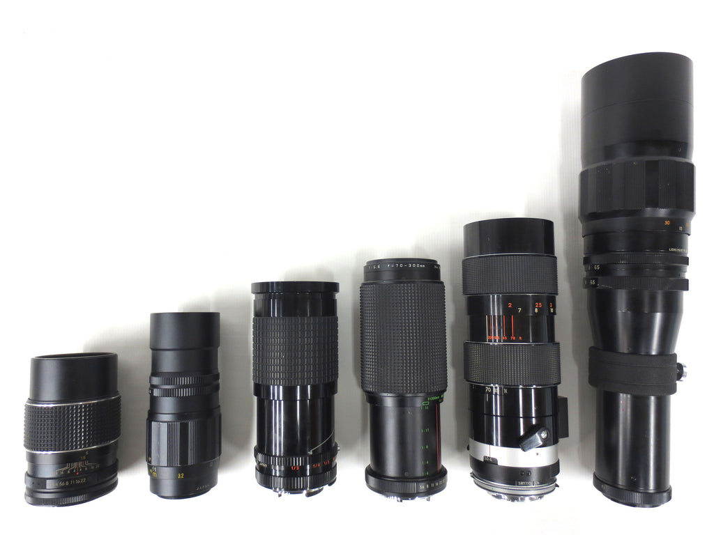 6 Camera Zoom Lenses Eitar 135mm, Zeniton 200mm, Sun 200mm, Image 300mm, Tamron 220mm, Tele-Lentar 450mm, Olympus, Nikon AI, MC, SR-T, N-F
