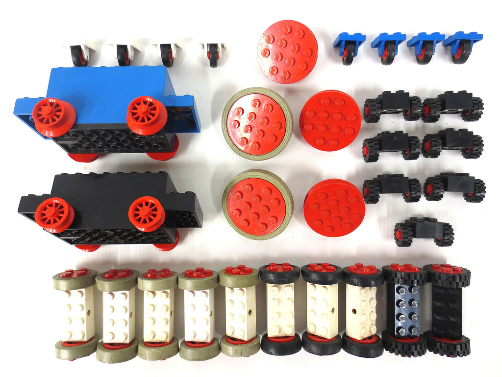 Vintage 1970's Lego Legoland 45+ Wheels and 2 Blue and Black Motors for Car Train Truck Motorcycle, Vehicles Parts Lot, Rubber Tires