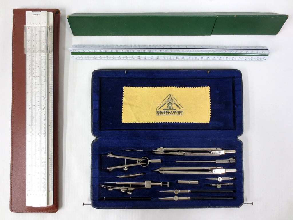 Vintage Meisel & Sohn Complete Drafting Set with Castell Slide Rule and Faber Castell 883 Triangle 3 Sided Rule Germany, Architect, Engineer