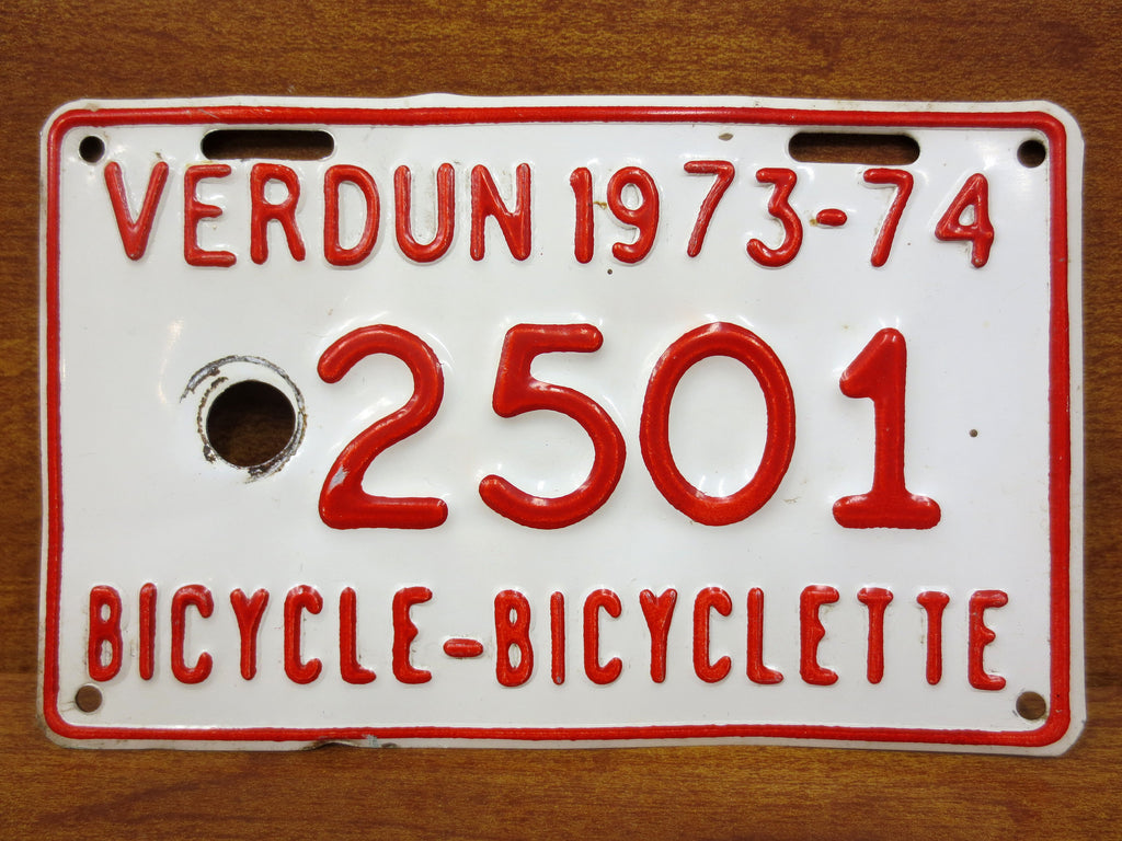 Vintage 1970's Metal Bicycle License Plate 5X3", City of Verdun in Montreal, Quebec, Canada, French and English, Bicyclette, Red and White