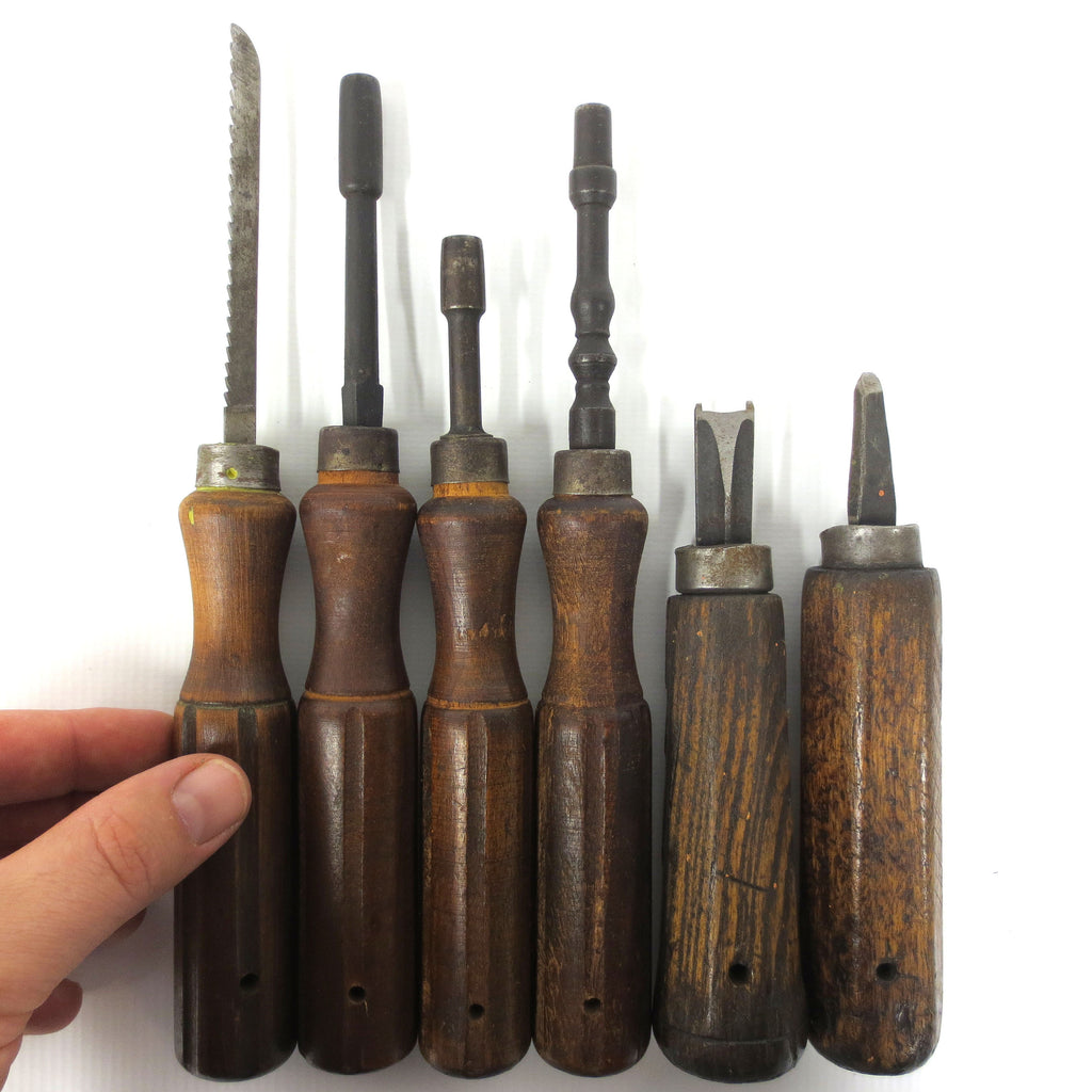 6 Early Antique Machinist Gunsmith & Blacksmith Tools with Wooden Handles, Hexagonal Screwdrivers, Saw, Carvers