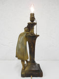 Rare 1910 Antique Figural Plaster Lamp Signed Petrucci Frères Brothers 19", Young Girl Smiling, Leaning on Light Post, Montreal, Tuscany