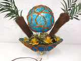 Vintage Mid Century Tiki Lamp 22", Blue & Orange Spun Lucite Spaghetti Shade and Boat Base, Plastic Flowers and Palm Trees