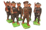 7 WWII Vintage Toy English Soldiers Bisque Porcelain Figurines 3 3/4", Officer with Sword and his Troops