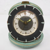 Vintage Portable Travel Alarm Clock Signed Peter Germany, 2 Rubis, 3 Stars, Chrome Face, Turquoise Leather Case, Atomic Starburst Clock
